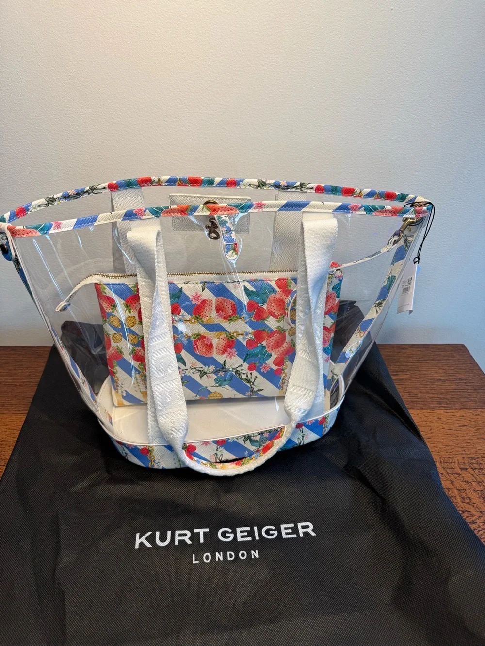 NWT Kurt Geiger Hampstead Clear Vinyl Strawberry Tote w/Pouch and Dustbag